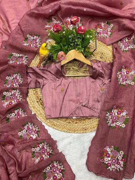 Dusty Pink Gold Crush Saree with Colorful Floral Thread Work for Festive Ready Silk Sarees Wholesale