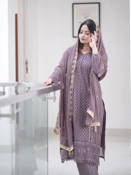 Dusty Rose Designer Georgette Suit Set Embroidered Elegance for Party Wear Ready To Wear Suit