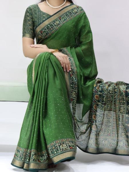 Dynamic Green Mull Cotton Patola Print Saree with Sirovski Diamond And Zari Border  