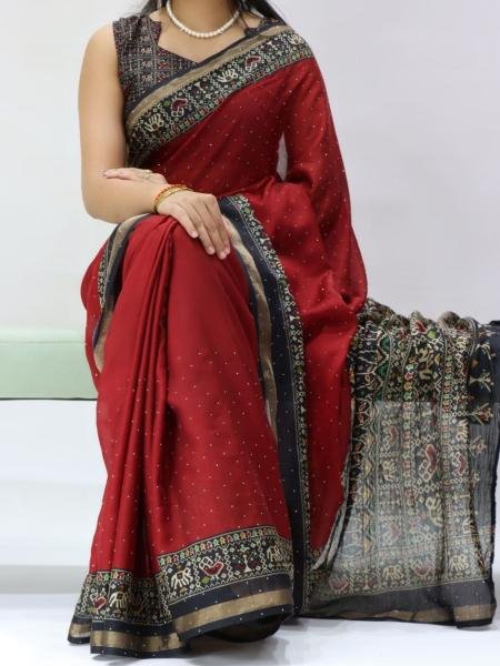 Efficient Red Mull Cotton Patola Print Saree with Sirovski Diamond And Zari Border  