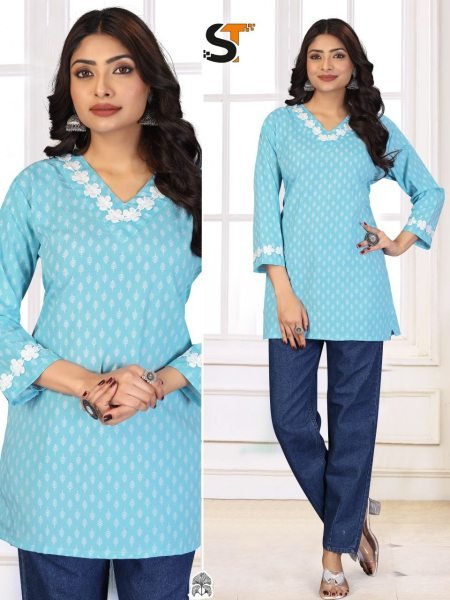 Effortless Sky Blue Printed Cotton Short Top for Daily Wear at Casual Outing  Tunics kurti
