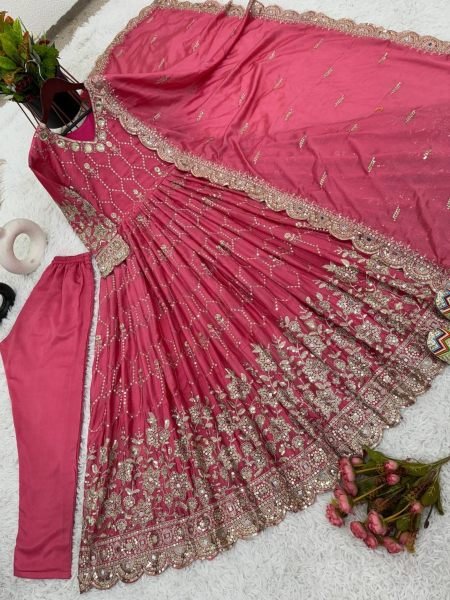 Eid Special Launching Chinon Silk Gown Pant With Dupatta  Anarakali Gown Wholesale