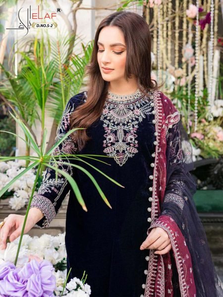 Elaf S 2 Velvet Pakistani Suit Embroidery   Butterfly Net Dupatta for Wholesaler and Supplier Salwar Kameez
