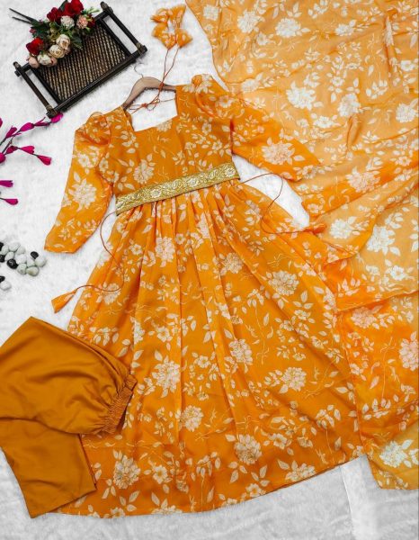 Elegance Orange Colour Floral Organza Suit Set  With Embroidered Belt  Anarkali Kurtis 