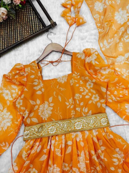 Elegance Orange Colour Floral Organza Suit Set  With Embroidered Belt  Anarkali Kurtis 