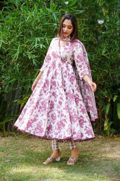 Elegant 3-Piece Cotton Anarkali Kurta Set Printed Kurtis