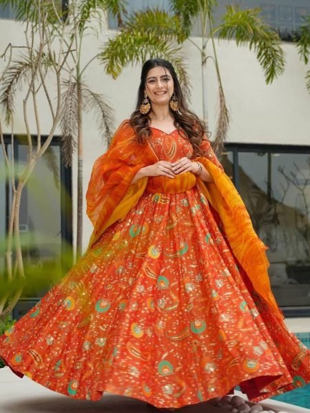 Elegant Anarkali Gown in Tabby Silk Plus Size Ready with Designer Dupatta Plus Size Kurti / Gown