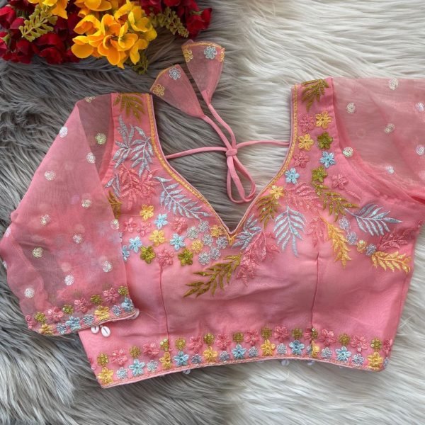 Elegant Baby Pink Bridal Silk Blouse with Net Embroidery & Latkan Finish Ready-to-Wear Wholesale Collection  Blouse Collection