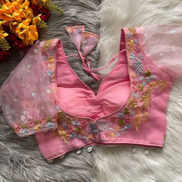 Elegant Baby Pink Bridal Silk Blouse with Net Embroidery & Latkan Finish Ready-to-Wear Wholesale Collection  Blouse Collection