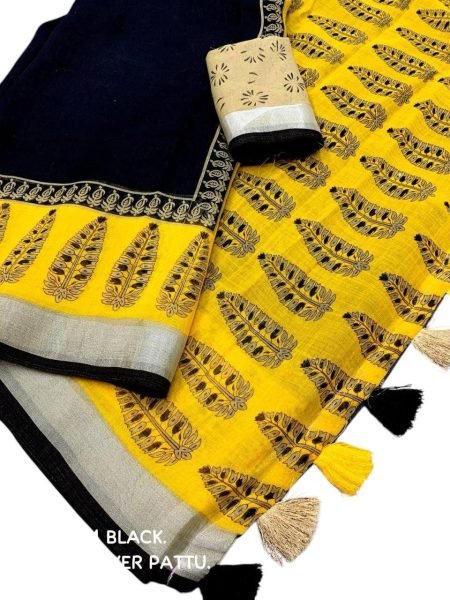 Elegant Beige Linen Cotton Printed Saree Striking Black Yellow Digital Design Tassel Pallu Perfect for Resellers  Printed Cotton Sarees Wholesale