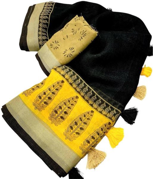 Elegant Beige Linen Cotton Printed Saree Striking Black Yellow Digital Design Tassel Pallu Perfect for Resellers  Printed Cotton Sarees Wholesale