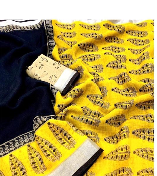 Elegant Beige Linen Cotton Printed Saree Striking Black Yellow Digital Design Tassel Pallu Perfect for Resellers  Printed Cotton Sarees Wholesale