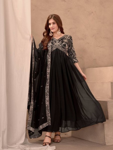 Elegant Black Color Faux Georgette Gown with Embroidery Sequence Work Kurtis