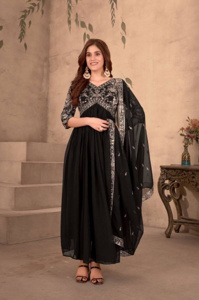 Elegant Black Color Faux Georgette Gown with Embroidery Sequence Work Kurti With Dupatta Wholesale