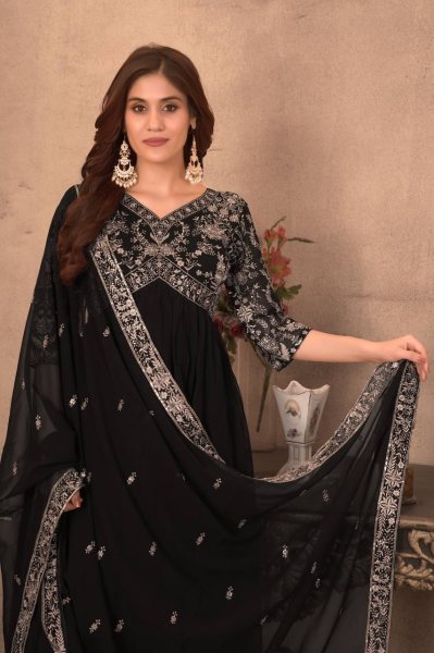 Elegant Black Color Faux Georgette Gown with Embroidery Sequence Work Kurti With Dupatta Wholesale