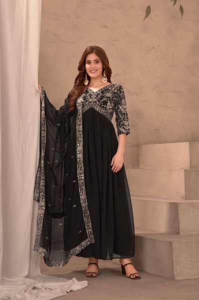 Elegant Black Color Faux Georgette Gown with Embroidery Sequence Work Kurti With Dupatta Wholesale