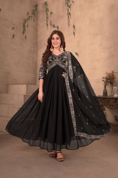 Elegant Black Color Faux Georgette Gown with Embroidery Sequence Work Kurti With Dupatta Wholesale