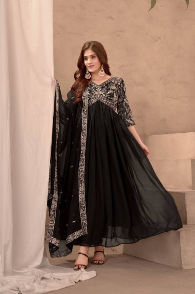 Elegant Black Color Faux Georgette Gown with Embroidery Sequence Work Kurti With Dupatta Wholesale