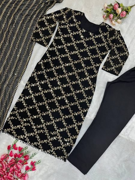 Elegant Black Faux Georgette Salwar Suit with Intricate Embroidery   Lace Work for Weddings 3 Piece Kurti Set