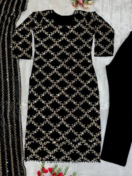 Elegant Black Faux Georgette Salwar Suit with Intricate Embroidery   Lace Work for Weddings 3 Piece Kurti Set