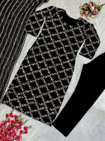Elegant Black Faux Georgette Salwar Suit with Intricate Embroidery   Lace Work for Weddings 3 Piece Kurti Set