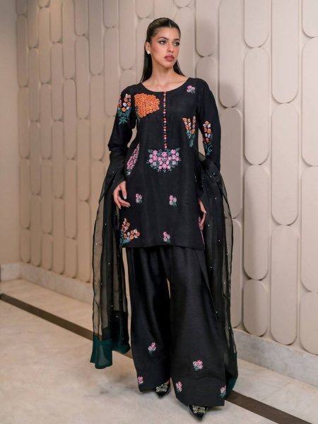 Elegant Black Natural Crepe Farsi Suit with Moti Work Dupatta Perfect for Nikaah &  Mehndi Functions Plus Size Kurti / Gown