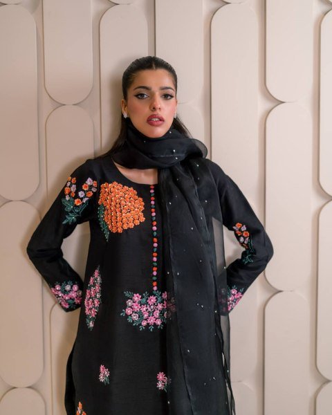 Elegant Black Natural Crepe Farsi Suit with Moti Work Dupatta Perfect for Nikaah &  Mehndi Functions Plus Size Kurti / Gown