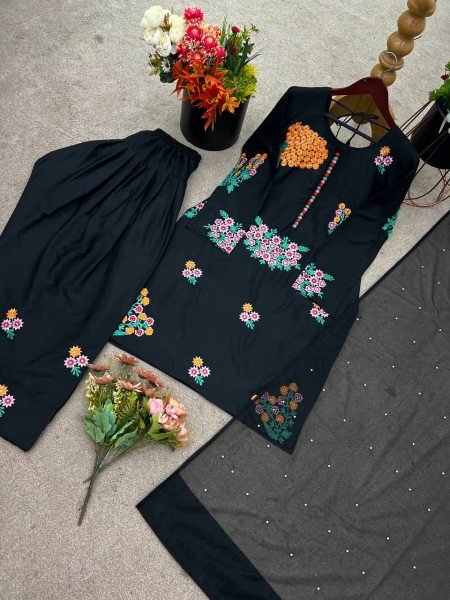 Elegant Black Natural Crepe Farsi Suit with Moti Work Dupatta Perfect for Nikaah &  Mehndi Functions Plus Size Kurti / Gown