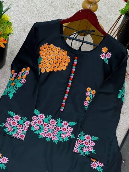 Elegant Black Natural Crepe Farsi Suit with Moti Work Dupatta Perfect for Nikaah &  Mehndi Functions Plus Size Kurti / Gown