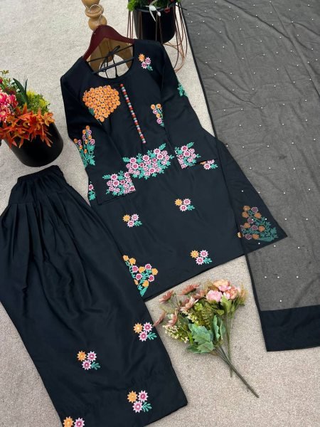 Elegant Black Natural Crepe Farsi Suit with Moti Work Dupatta Perfect for Nikaah &  Mehndi Functions Plus Size Kurti / Gown