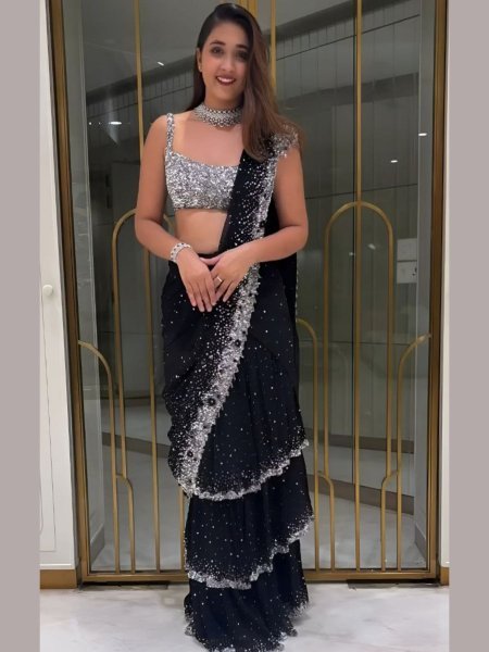 Elegant Black Partywear Frill Saree Multi Layer Style with Heavy Embroidery