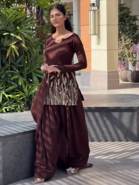 Elegant Brown Faux Georgette Farsi Pant Set with Embroidery Ready to Wear Party Look 