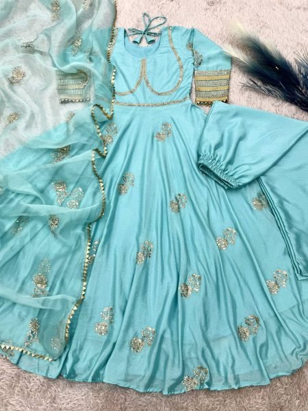 Elegant Chinon Silk Designer Gown with Heavy Embroidery & Sequence Work New Dupatta Sets Ready To Wear Collection