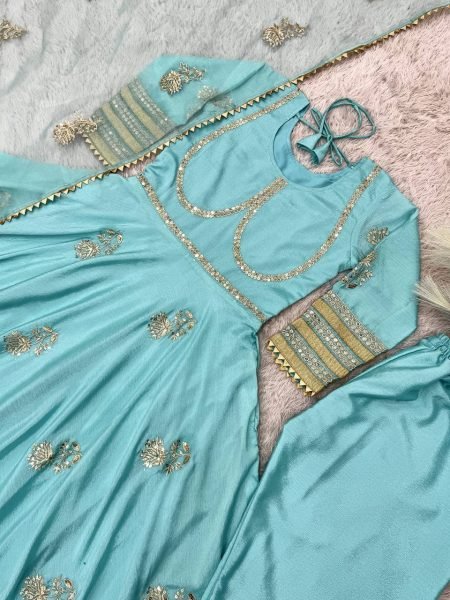 Elegant Chinon Silk Designer Gown with Heavy Embroidery & Sequence Work New Dupatta Sets Ready To Wear Collection
