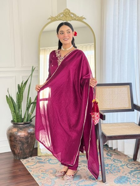 Elegant CP Vichitra Silk Kurta Set with Embroidery Dupatta Included Festive   Wedding Wear 3 Piece Kurti Set
