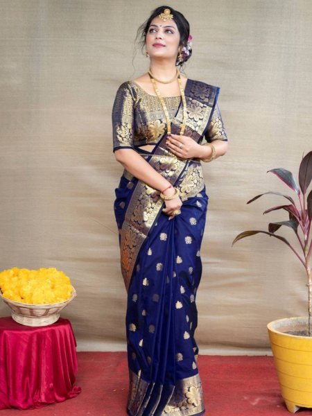 Elegant Dark Blue Kanjivaram Jacquard Saree Soft Lichi Silk with Contrast Blouse Piece at Wholesale Manufacturer Rate