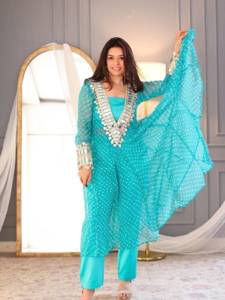 Elegant Digital Printed Chinon Set with Real Mirror Work  Embroidery  and Pant   Blouse Designer 3 Piece Kurti Set