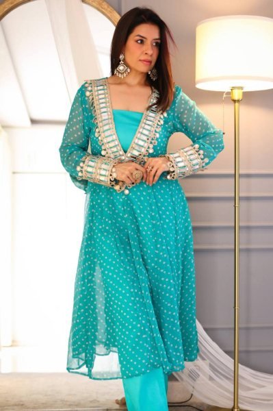 Elegant Digital Printed Chinon Set with Real Mirror Work  Embroidery  and Pant   Blouse Designer 3 Piece Kurti Set 3 Piece Kurti Set