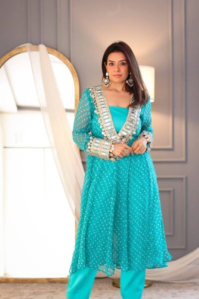 Elegant Digital Printed Chinon Set with Real Mirror Work  Embroidery  and Pant   Blouse Designer 3 Piece Kurti Set 3 Piece Kurti Set