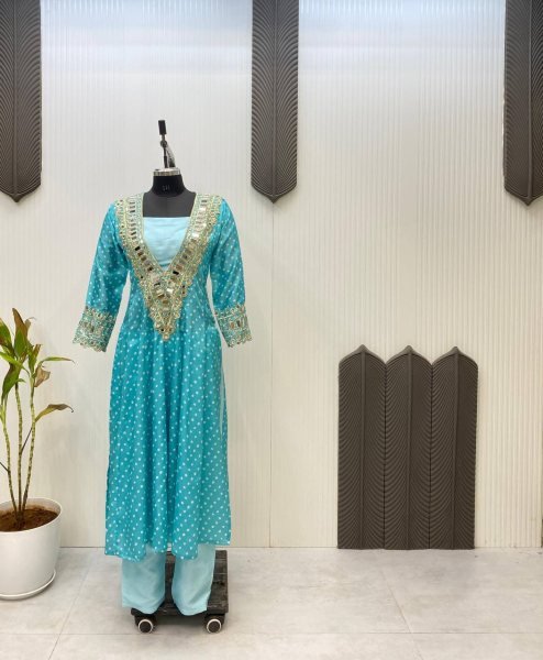 Elegant Digital Printed Chinon Set with Real Mirror Work  Embroidery  and Pant   Blouse Designer 3 Piece Kurti Set 3 Piece Kurti Set