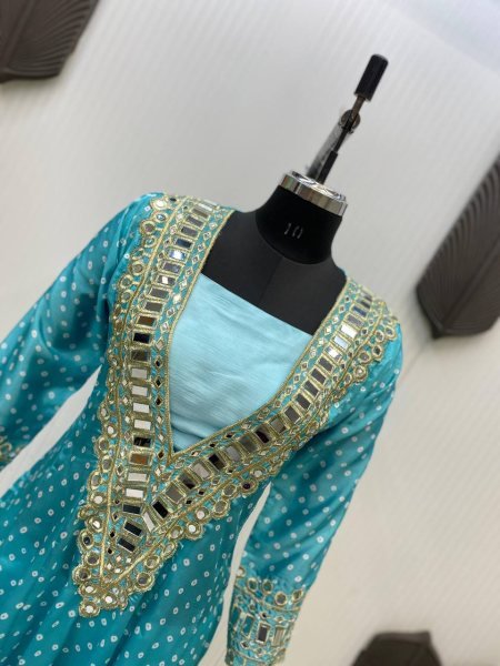 Elegant Digital Printed Chinon Set with Real Mirror Work  Embroidery  and Pant   Blouse Designer 3 Piece Kurti Set 3 Piece Kurti Set