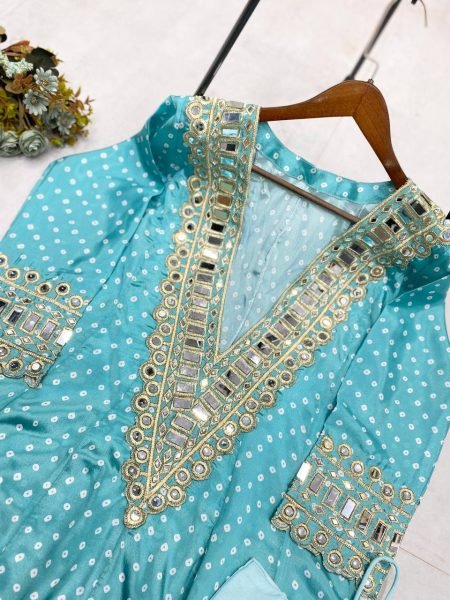 Elegant Digital Printed Chinon Set with Real Mirror Work  Embroidery  and Pant   Blouse Designer 3 Piece Kurti Set 3 Piece Kurti Set