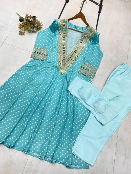 Elegant Digital Printed Chinon Set with Real Mirror Work  Embroidery  and Pant   Blouse Designer 3 Piece Kurti Set 3 Piece Kurti Set