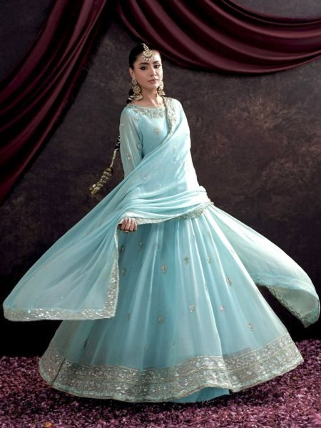 Elegant Embroidered Fox Georgette Gown Set Ready to Wear for Weddings   Festive Glam 