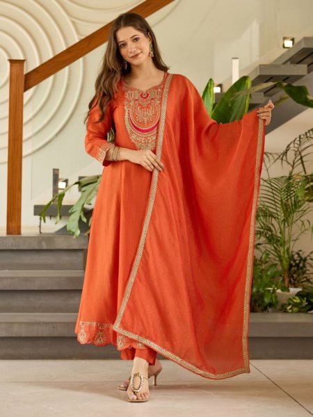 Elegant  Embroidered Vichitra Silk Kurti Set with Rayon Pant   Silk Dupatta at Manufacturer Rate 