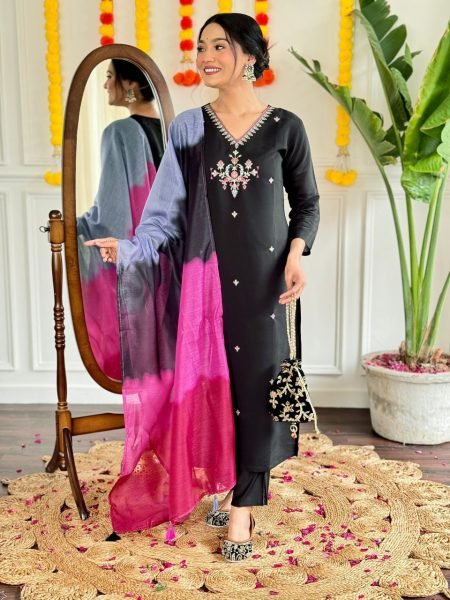 Dynamic Embroidered Viscose Chanderi Kurti Set for casual wear at best price  3 Piece Kurti Set