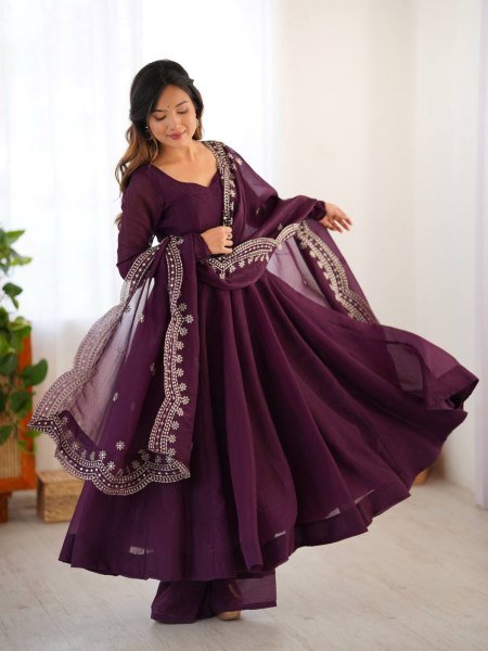 Elegant Fandy Silk Anarkali 3 Piece Kurta Set Readymade Gown Style with Embroidered Dupatta & Pants Best Price for Suppliers 