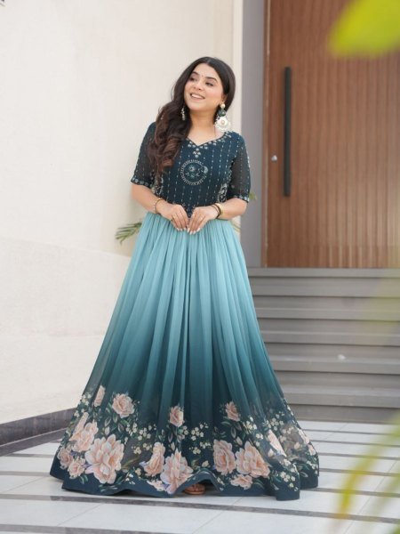 Elegant Faux Blooming Gown with Beads   Floral Print     Ready to Wear Premium Gown Collection 