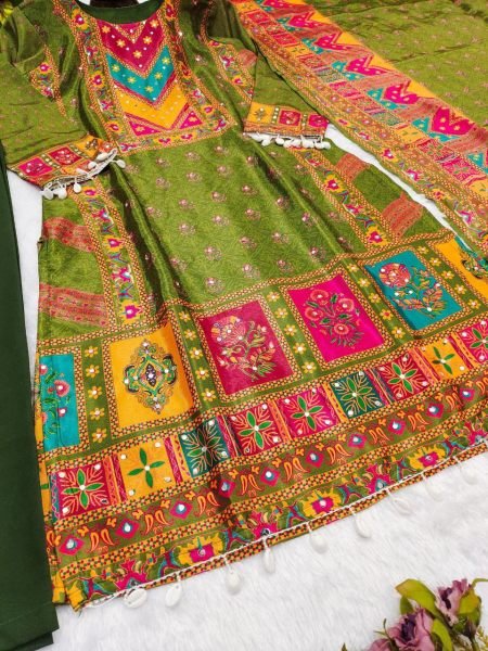 Elegant Festive Wear Digital Printed Chinnon Silk Suit with Real Mirror Work &  Dupatta 3 Piece Kurti Set