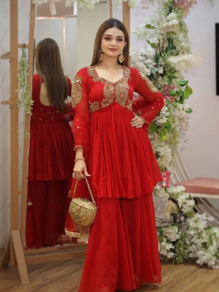 Red Georgette Sharara Style Plazzo Suit with Sequin Work  for Festive Collection Ready To Wear Suit